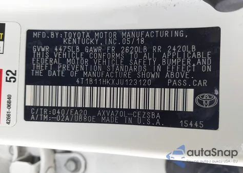 2018 Toyota Camry Se from USA, damaged, VIN 4T1B11HKXJU123120